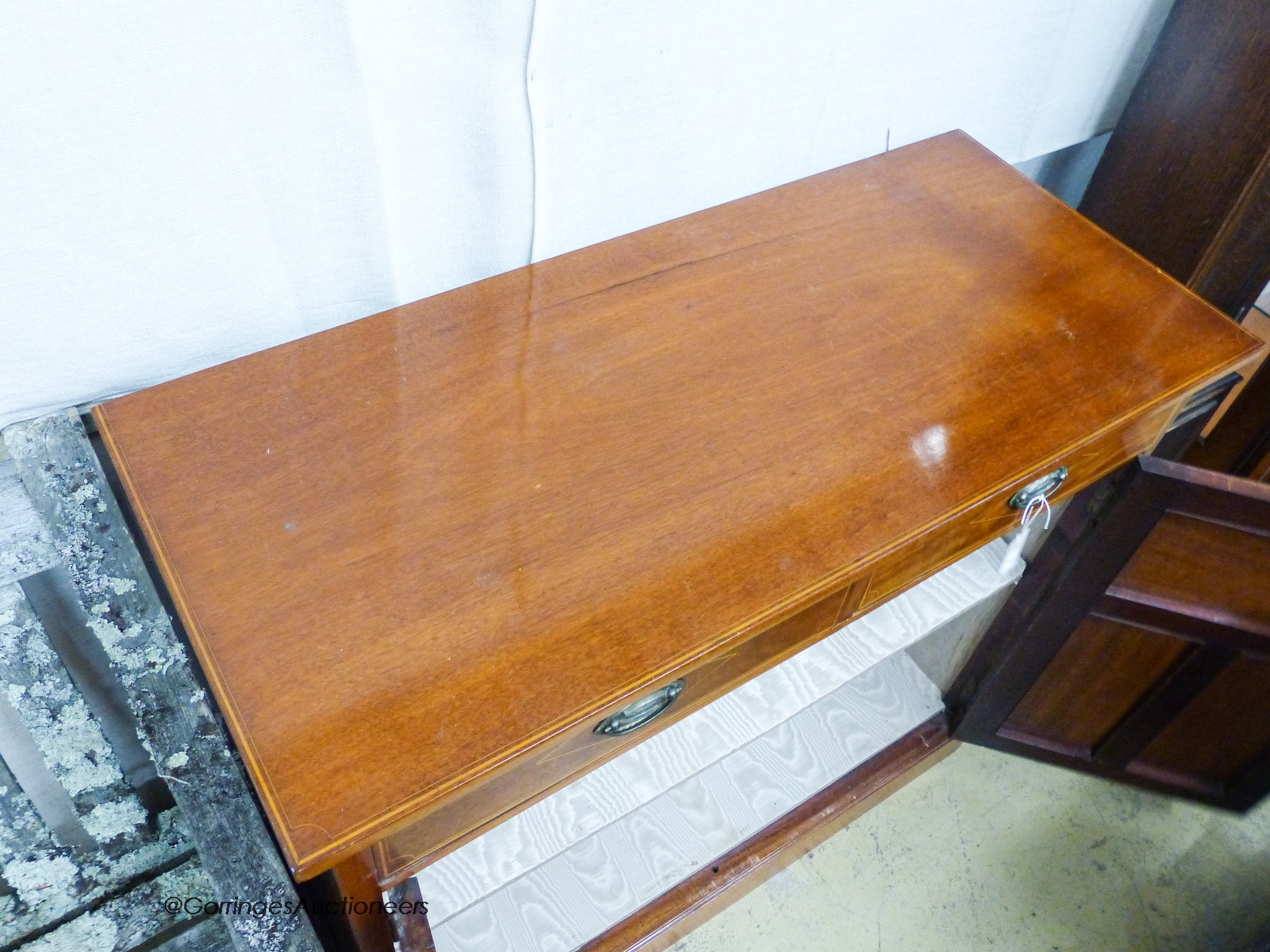 An Edwardian mahogany side cabinet, width 110cm, depth 47cm, height 98cm